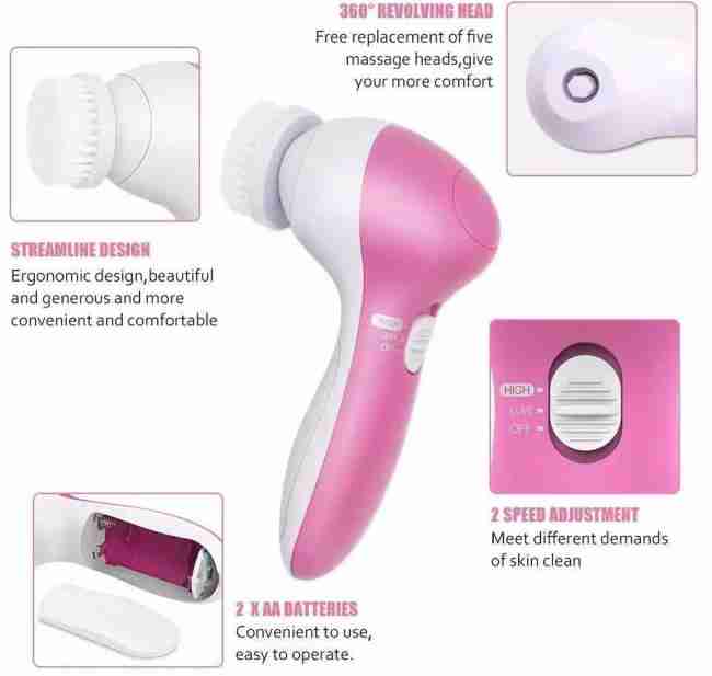 5-in-1 Elektrische Gezichtsborstel met 5 gezichtsborstels, waterproof